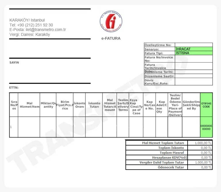 Bedelsiz İhracat Faturası